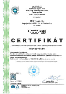 Certifikát ISO 14001PSG Tech s.r.o.