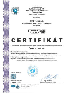 Certifikát ISO 9001PSG Tech s.r.o.